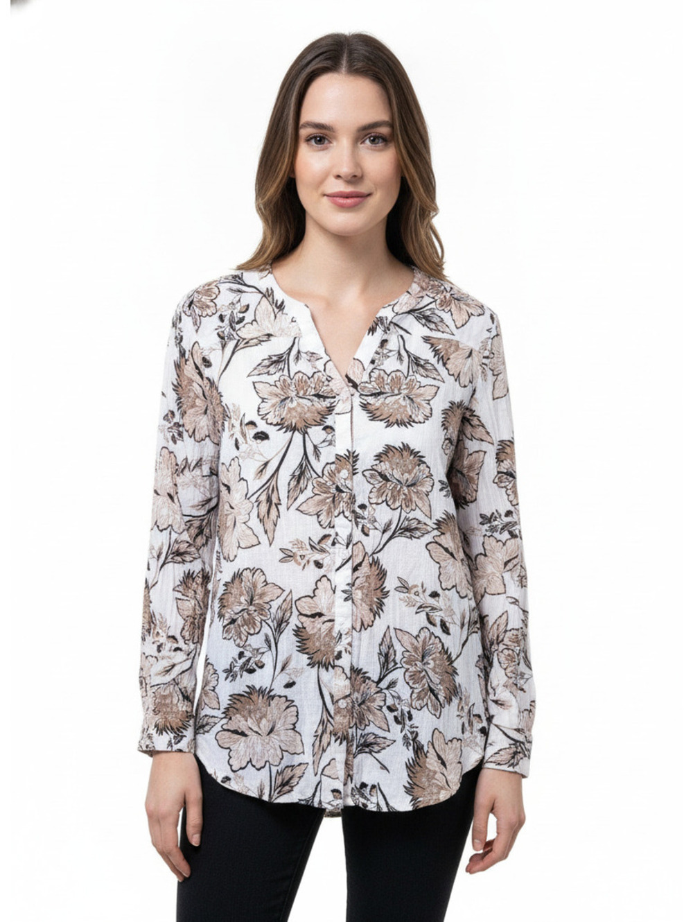 Liz Claiborne Womens XL Floral Button Down Shirt 100% Cotton Beige Black Blouse